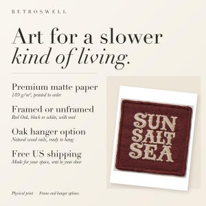 RetroSwell print details for Sun Salt Sea Patch: premium 189 g/m² matte paper, framed or unframed, oak hanger option, free US shipping.