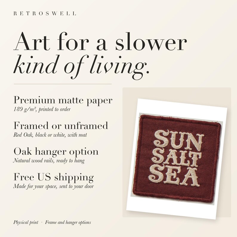 RetroSwell print details for Sun Salt Sea Patch: premium 189 g/m² matte paper, framed or unframed, oak hanger option, free US shipping.