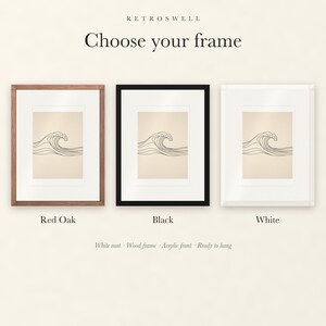 Frame options for Breaking Wave Line: Red Oak, black and white wood frames, each with a white mat.