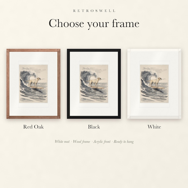 Frame options for Labrador Surfing: Red Oak, black and white wood frames, each with a white mat.