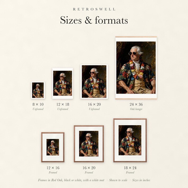 Sizes and formats for John Adams, shown to scale: unframed prints, oak hanger and framed prints.