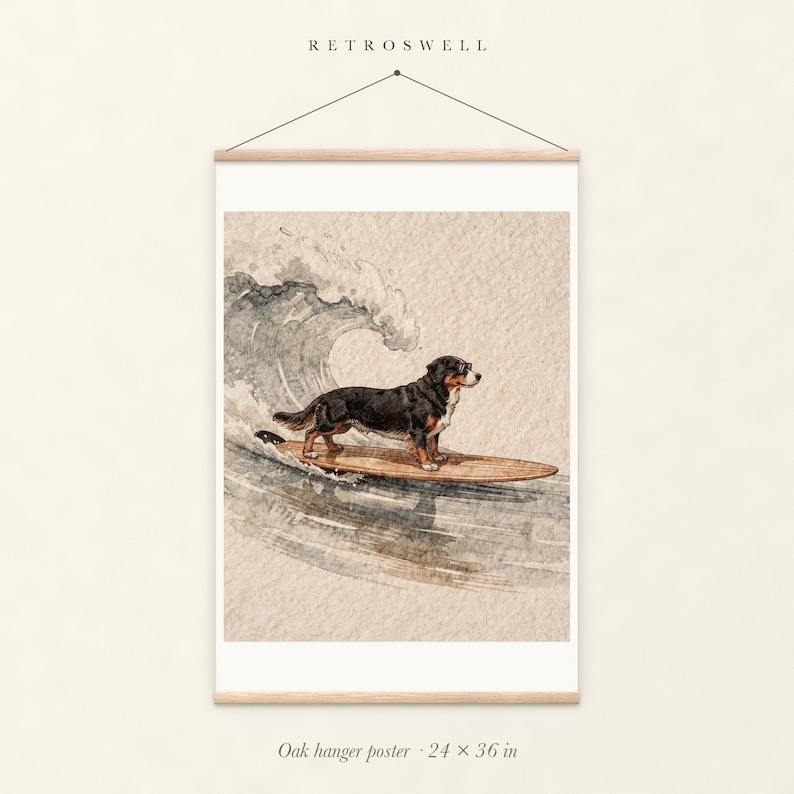 Bernese Mountain Dog Surfing oak hanger poster, 24 by 36 inches, with natural wood rails and a hanging cord.
