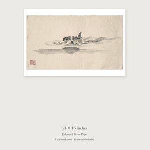 Swimming Dog Xieyi Ink unframed 24 by 16 inch print on enhanced matte paper, shown with its white paper border.