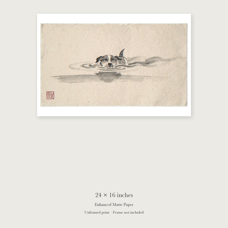 Swimming Dog Xieyi Ink unframed 24 by 16 inch print on enhanced matte paper, shown with its white paper border.