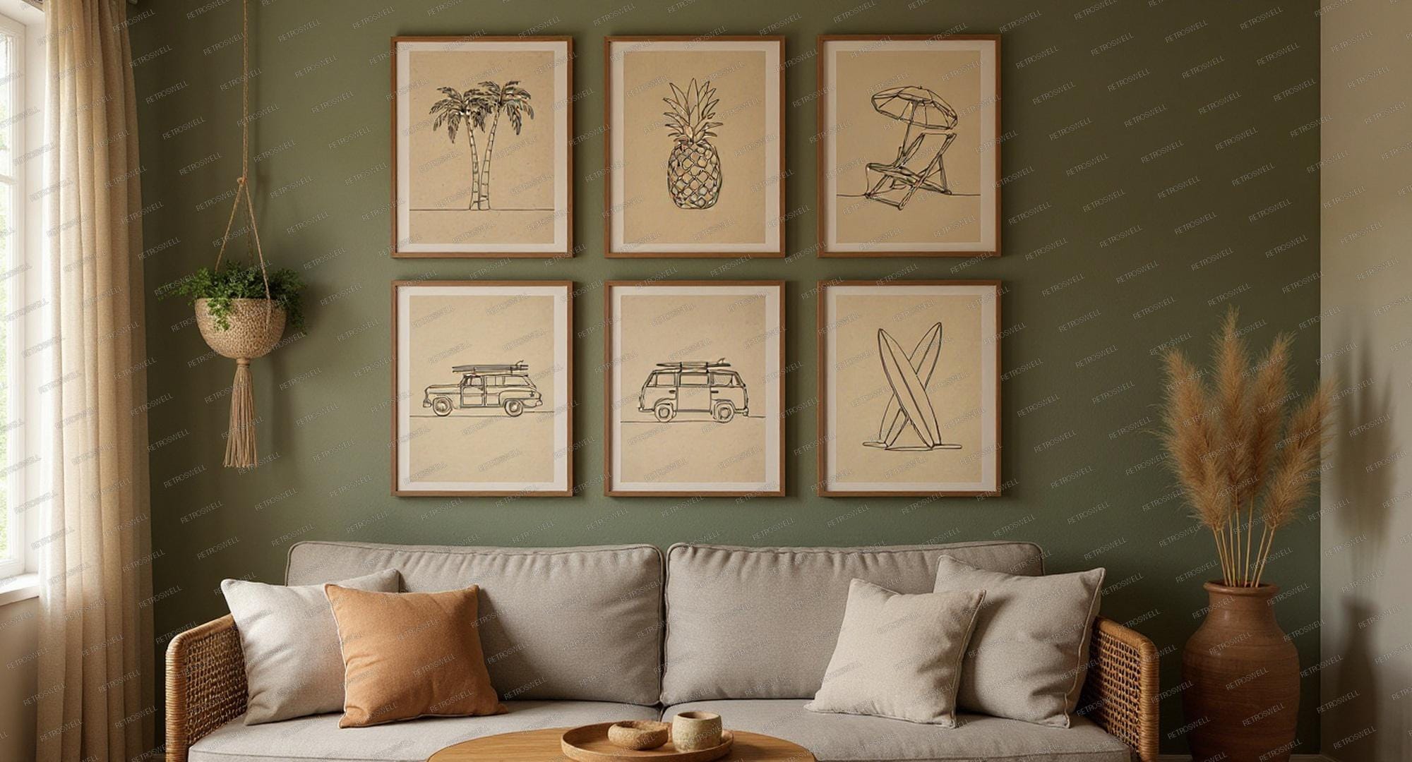 Boho Beach Gallery Wall Bundle - 6 framed art prints on wall