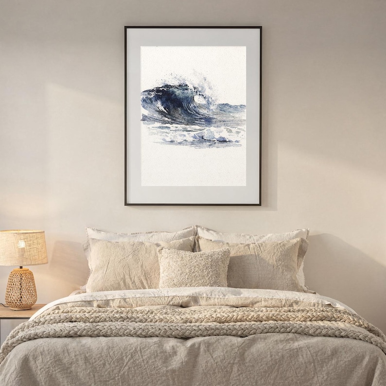 Aquarel golf kunst rollende pauze Indigo oceaan schilderij kust muur decor strandhuis print afdrukbare muur kunst digitale download afbeelding 8