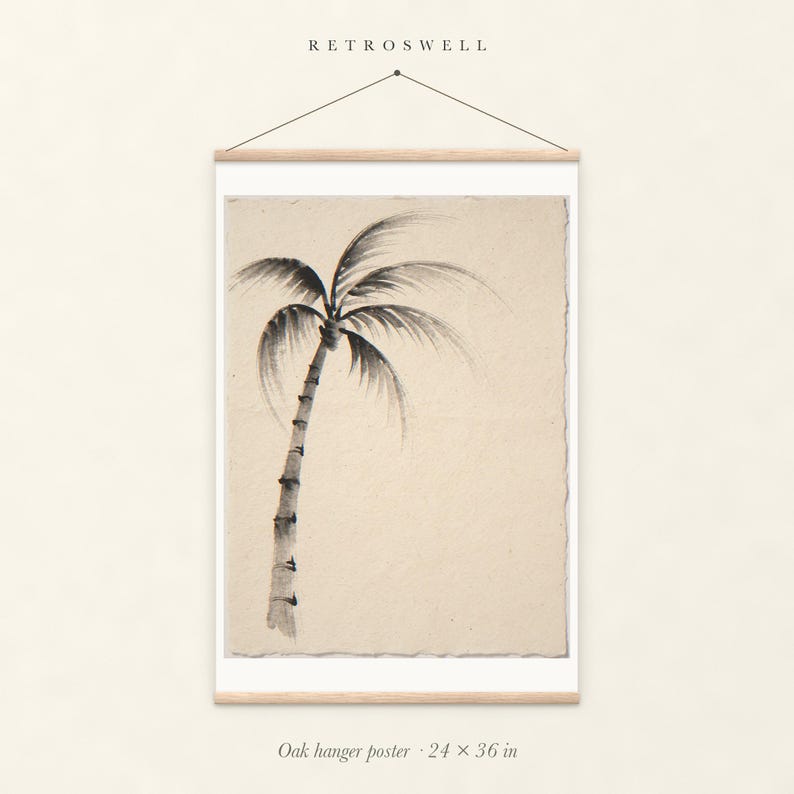 Lone Palm Tree Ink Style oak hanger poster, 24 by 36 inches, with natural wood rails and a hanging cord.