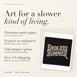 RetroSwell print details for Endless Summer Patch: premium 189 g/m² matte paper, framed or unframed, oak hanger option, free US shipping.