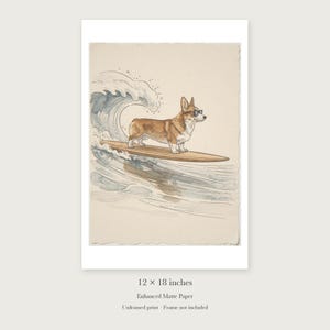 Corgi Surfing unframed 12 by 18 inch print on enhanced matte paper, shown with its white paper border.