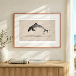 Leaping Dolphin Xieyi Ink Art Print, Framed or Unframed Chinese Brush Painting, Landscape Wall Art image 12