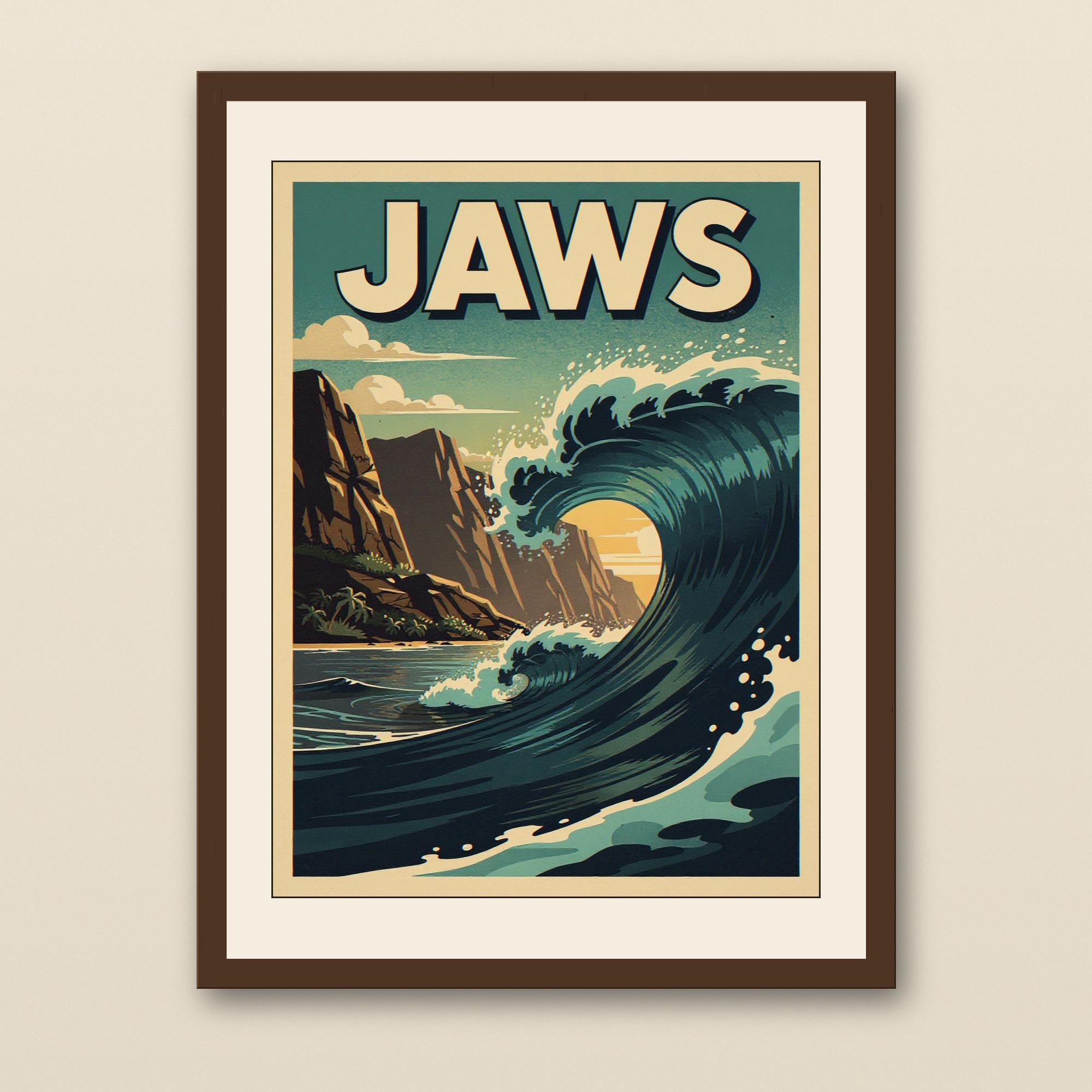 Jaws Maui Surf Poster - walnut framed art print with cream mat on plaster wall