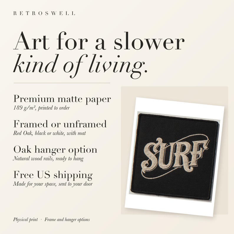 RetroSwell print details for Surf Patch: premium 189 g/m² matte paper, framed or unframed, oak hanger option, free US shipping.