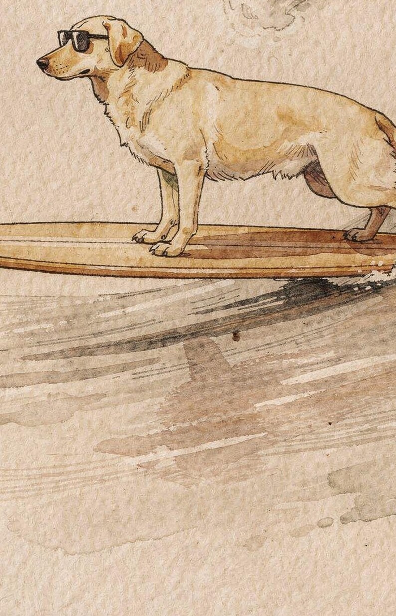 Yellow Labrador Surfing Print, Watercolor Lab Dog on Longboard, Kids Beach Room Decor, Dog Lover Gift, Printable Wall Art Digital Download image 4