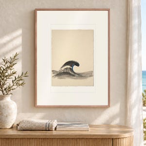 Curling Wave Ink Style Art Print, Blue Accent Coastal Poster, Framed or Unframed image 12
