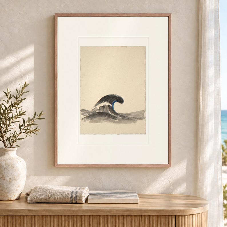 Curling Wave Ink Style Art Print, Blue Accent Coastal Poster, Framed or Unframed image 12