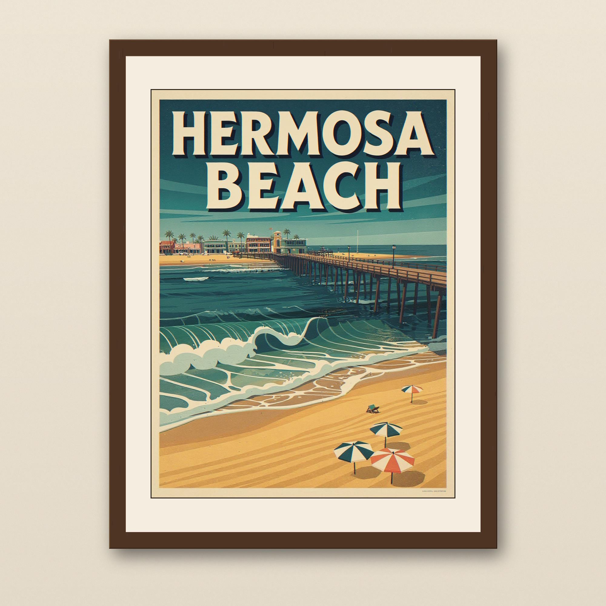 Hermosa Beach Surf Poster - walnut framed art print with cream mat on plaster wall