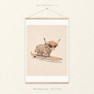Highland Cow Surfing Art Print, Framed or Unframed Coastal Nursery Poster image 5
