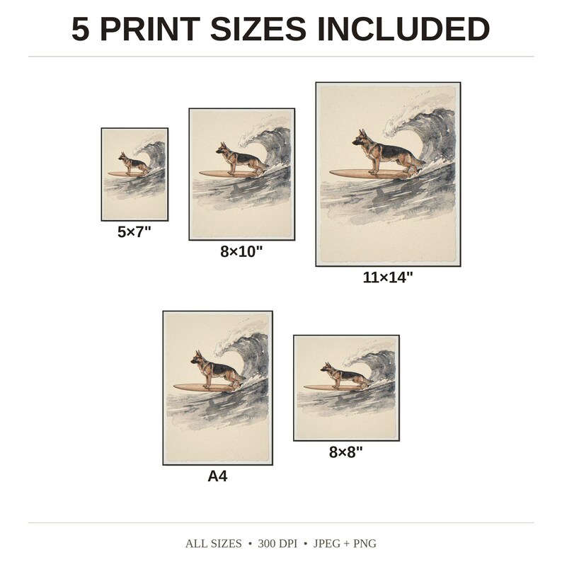 German Shepherd Surfing Print - available print sizes: 5x7, 8x10, 11x14, A4, and square
