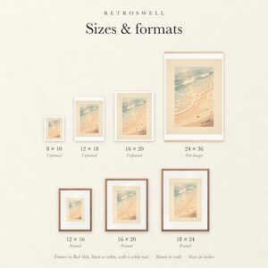 Sizes and formats for Ocean Waves, shown to scale: unframed prints, oak hanger and framed prints.