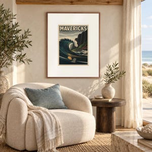Mavericks Surf Travel Poster, Framed or Unframed Vintage Style Coastal Print image 3