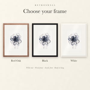 Frame options for Octopus: Red Oak, black and white wood frames, each with a white mat.