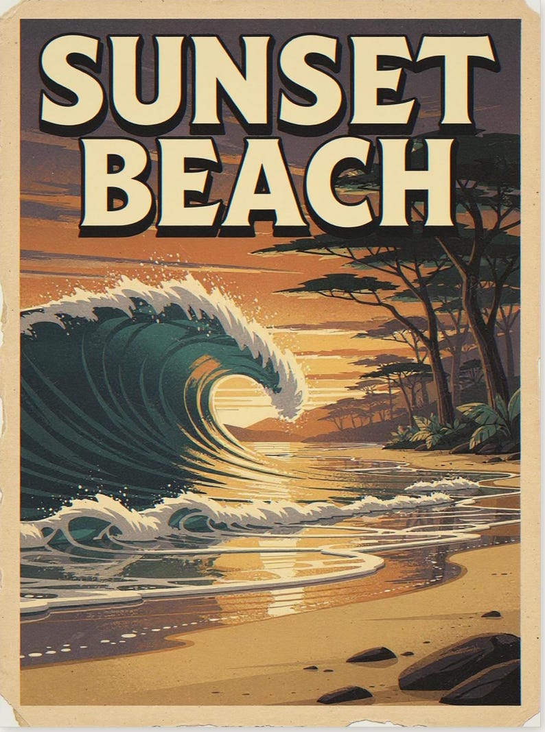 Sunset Beach Hawaii Surf Travel Poster, Framed or Unframed Vintage Style Coastal Print image 10