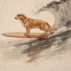 Golden Retriever Surfing Print | Dog Surf Wall Art | Fine Art Coastal Decor | Dog Lover Gift | Printable Wall Art Digital Download image 2