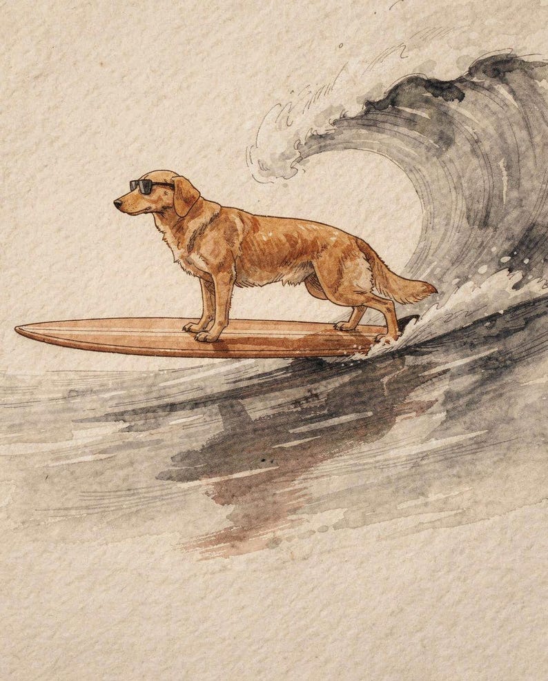 Golden Retriever Surfing Print | Dog Surf Wall Art | Fine Art Coastal Decor | Dog Lover Gift | Printable Wall Art Digital Download image 2