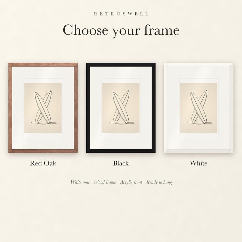 Frame options for Crossed Surfboards Line: Red Oak, black and white wood frames, each with a white mat.