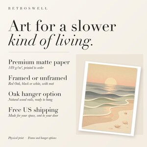 RetroSwell print details for Pastel Sunset Shoreline Nursery: premium 189 g/m² matte paper, framed or unframed, oak hanger option, free US shipping.
