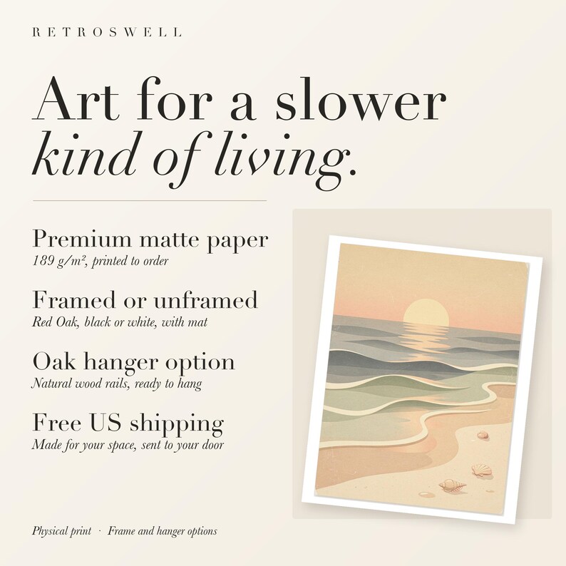 RetroSwell print details for Pastel Sunset Shoreline Nursery: premium 189 g/m² matte paper, framed or unframed, oak hanger option, free US shipping.