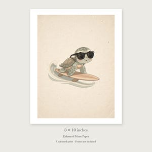 Surfing Sea Turtle unframed 8 by 10 inch print on enhanced matte paper, shown with its white paper border.