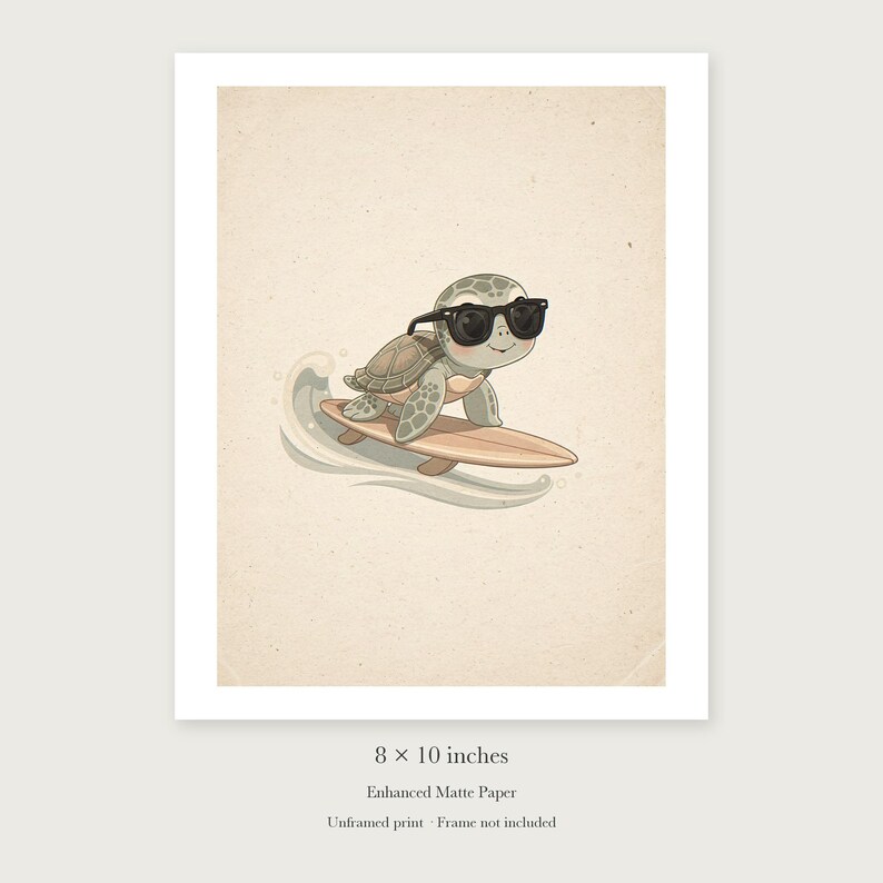 Surfing Sea Turtle unframed 8 by 10 inch print on enhanced matte paper, shown with its white paper border.