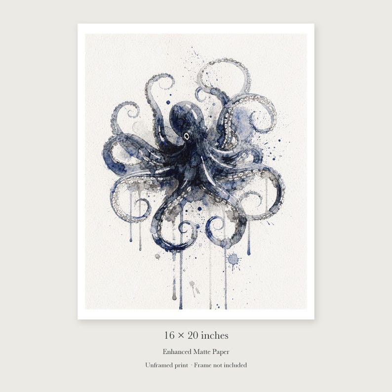 Octopus unframed 16 by 20 inch print on enhanced matte paper, shown with its white paper border.