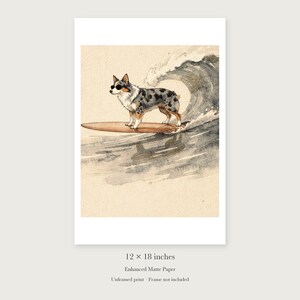 Australian Shepherd Surfing unframed 12 by 18 inch print on enhanced matte paper, shown with its white paper border.