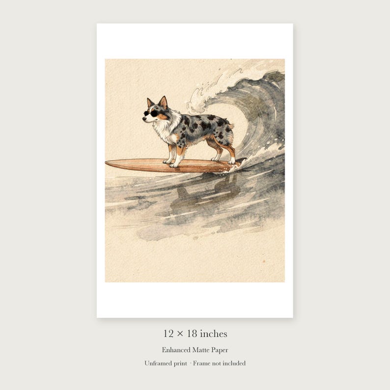 Australian Shepherd Surfing unframed 12 by 18 inch print on enhanced matte paper, shown with its white paper border.