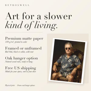 RetroSwell print details for Franklin D. Roosevelt Surfer: premium 189 g/m² matte paper, framed or unframed, oak hanger option, free US shipping.