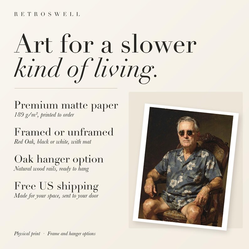 RetroSwell print details for Franklin D. Roosevelt Surfer: premium 189 g/m² matte paper, framed or unframed, oak hanger option, free US shipping.