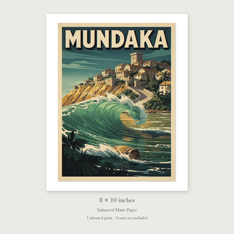 Mundaka Spain Surf unframed 8 by 10 inch print on enhanced matte paper, shown with its white paper border.