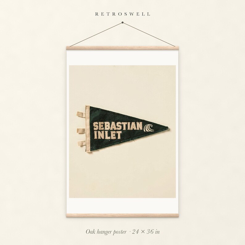Sebastian Inlet Surf Pennant oak hanger poster, 24 by 36 inches, with natural wood rails and a hanging cord.