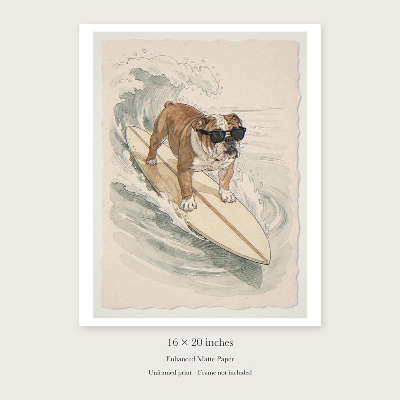 Bulldog Surfing unframed 16 by 20 inch print on enhanced matte paper, shown with its white paper border.