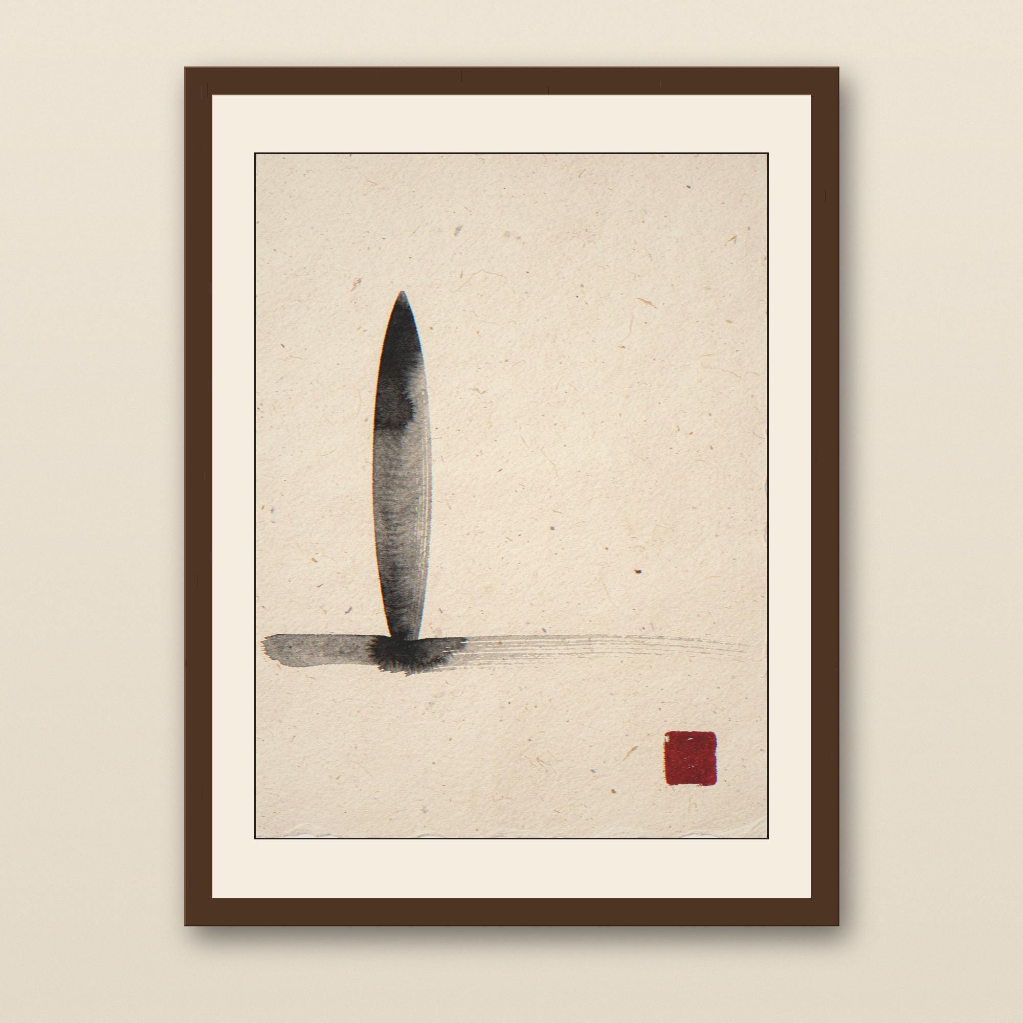 Sumi-e Longboard Still Life with Red Accent Print - walnut framed art print with cream mat on plaster wall