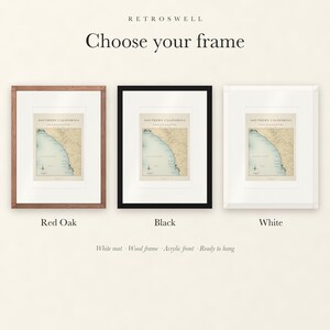 Frame options for Southern California Surf Map: Red Oak, black and white wood frames, each with a white mat.