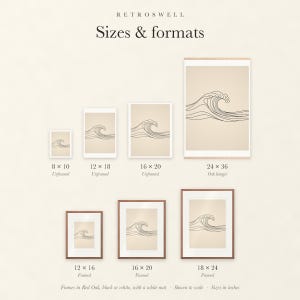 Sizes and formats for Breaking Wave Line, shown to scale: unframed prints, oak hanger and framed prints.