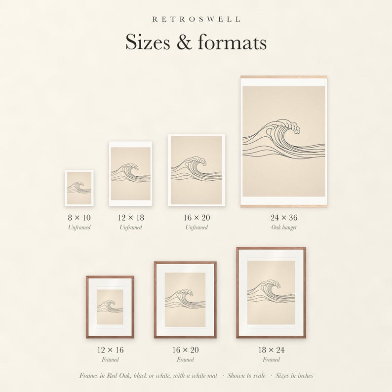 Sizes and formats for Breaking Wave Line, shown to scale: unframed prints, oak hanger and framed prints.