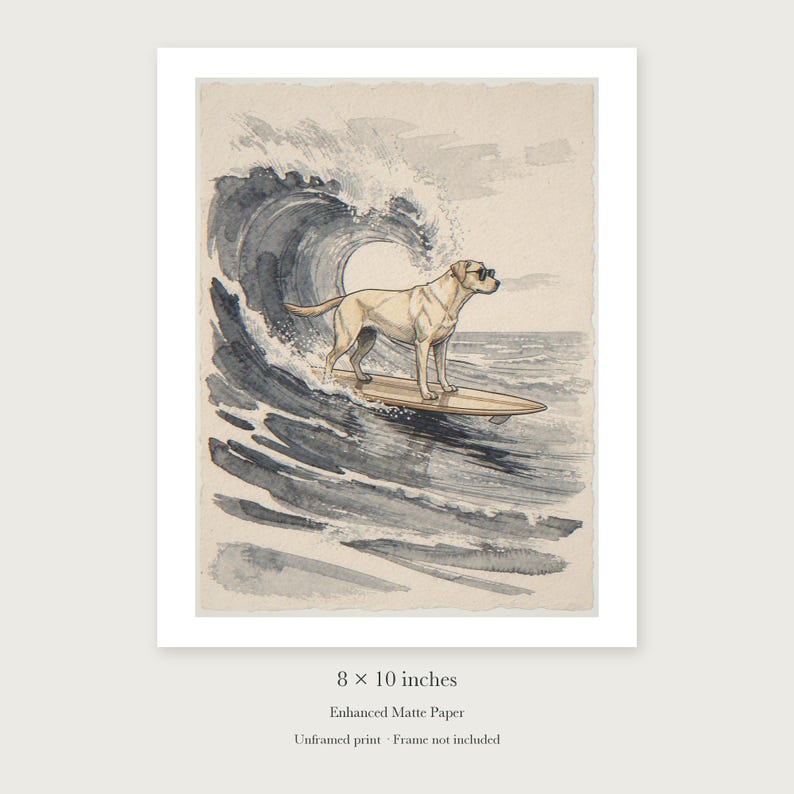 Labrador Surfing unframed 8 by 10 inch print on enhanced matte paper, shown with its white paper border.