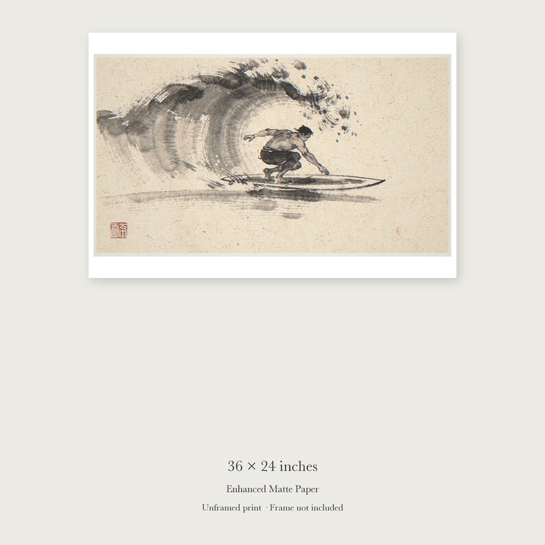 Surfer Cutback Xieyi Ink unframed 36 by 24 inch print on enhanced matte paper, shown with its white paper border.