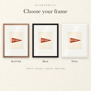 Frame options for Key West Surf Pennant: Red Oak, black and white wood frames, each with a white mat.