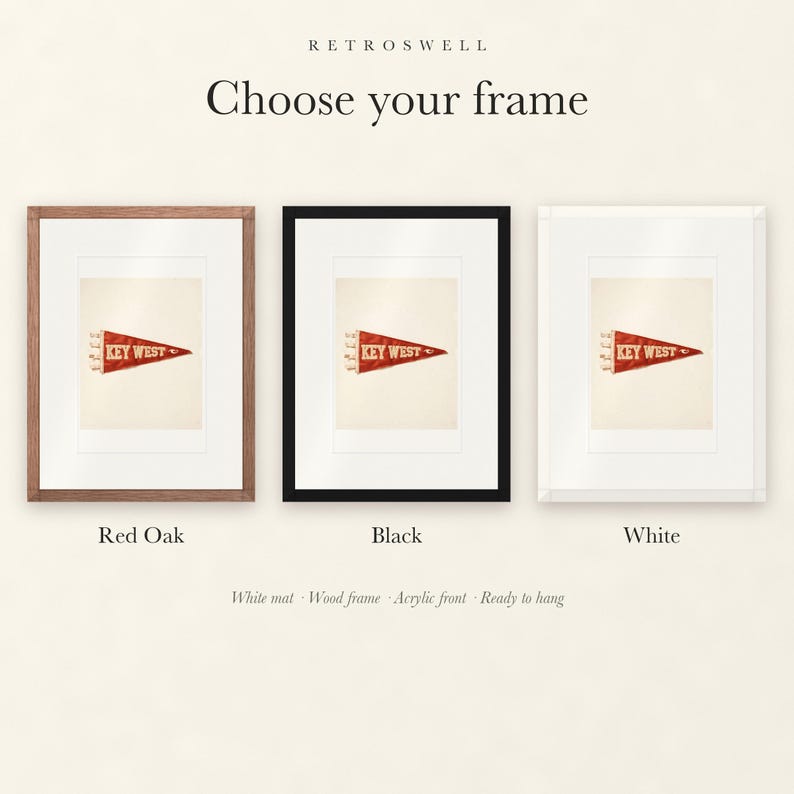 Frame options for Key West Surf Pennant: Red Oak, black and white wood frames, each with a white mat.