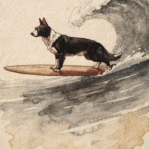 Border Collie surfingtryck, surfhundbarnrumskonst, kustnära barnrumsdekor, hundälskarepresent, utskrivbar väggkonst digital nedladdning bild 2